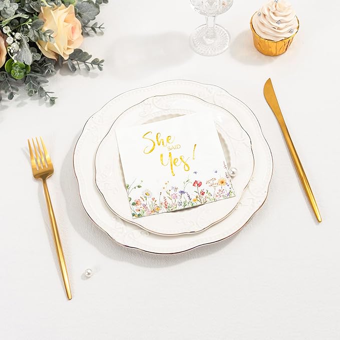 Crisky 3-Ply Engagement Napkins Floral Gold Foil She Said Yes Paper Disposable Napkins for Bachelorette/Engagement/Bridal Shower Party Decoration, 50 Counts