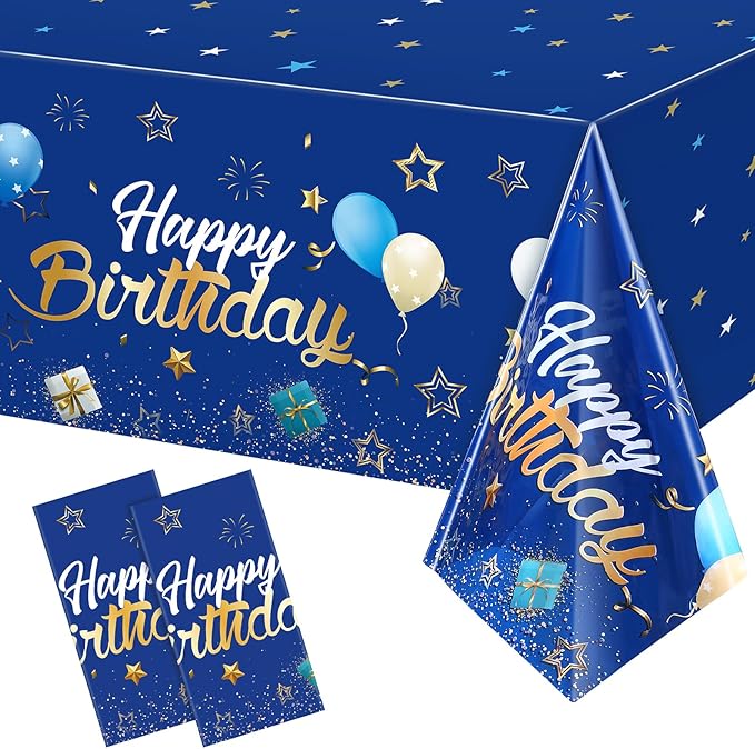 Tegeme Navy Blue Party Supplies Stars Happy Birthday Tablecloths Starry Confetti Table Covers for Kids Boys Girls Baby Shower Birthday Party Decorations(Navy Blue and Gold,2 Pack)
