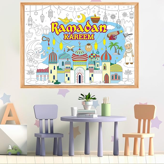 ZOIIWA Ramadan Mubarak Coloring Poster for Eid Giant Coloring Poster Large Ramadan Kareem Coloring Tablecloth Jumbo Coloring Book for Classroom Home Birthday Party Supplies Favor 31.4 x 43.3 Inch