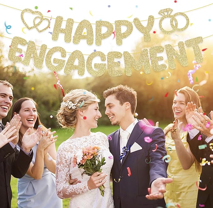 Pre-Strung Engagement Party Decorations,Glitter Happy Engagement Banner,Engaged Banner Congratulations Wedding for Bachelorette Party Shower Signs Decor（ Champagne Gold ）