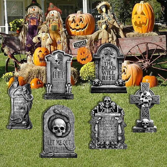 Spooky Outdoor Halloween Tombstones Decor, Large Graveyard Ghost, Snake, Skeletons, 6pcs 11.5“x16.53 Waterproof Scary Gravestones for Home, Party, Cemetery Halloween Decor