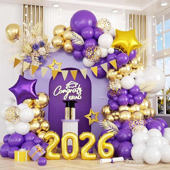 Purple Gold White Balloons Arch Kit, Purple White Balloons with Star Balloon Pennant Flag Bunting 2026 Foil Balloon Banner, Gold Confetti Balloon Garland for Class of 2026 Graduation Theme Party