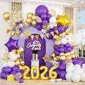 Purple Gold White Balloons Arch Kit, Purple White Balloons with Star Balloon Pennant Flag Bunting 2026 Foil Balloon Banner, Gold Confetti Balloon Garland for Class of 2026 Graduation Theme Party