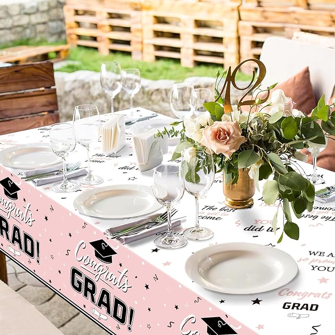 Oigco Graduation Decorations Congrats Grad Graduation Tablecloth for 2026 Graduation Party Supplies, 3 Pcs Pink Plastic Table Cloths, 54"x108"