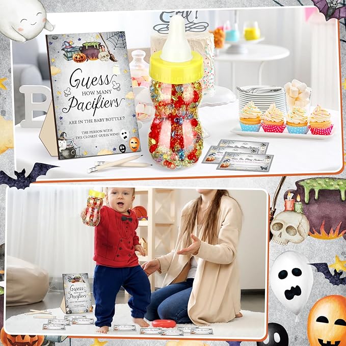 Syhood Halloween Boo Baby Shower Games Guess How Many Pacifiers Game Sign 50 Small Guessing Games 20 HB Pencils 750 ml Milk Bottle 400 Acrylic Pacifiers Decorations Guests Gender Reveal Party