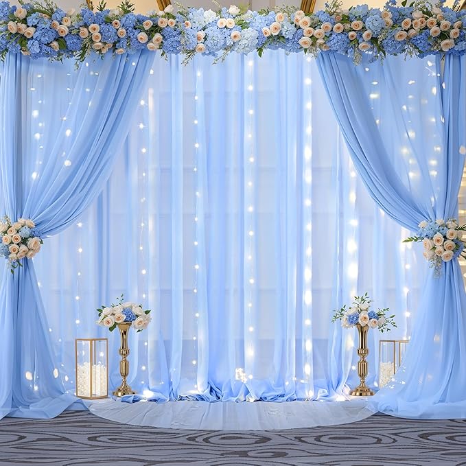 10x10ft Baby Blue Chiffon Backdrop Curtain with Lights String for Wedding Sheer Tulle Curtain Photo Backdrops Drapes for Baby Shower Birthday Party Home Ceremony Decorations