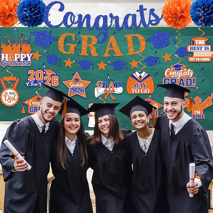 Orange and Blue Graduation Decorations, Glitter Congrats Grad Banner Hanging Swirls and Tissue Pom Poms, Blue and Orange Graduation Decorations for College Graduations Party Decorations Class of 2026