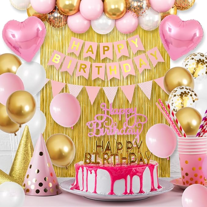 Pink Gold Birthday Decorations for Girls,Happy Birthday Decorations for Women,Gold Fringe Curtain Happy Birthday Banner Pink Heart Foil Balloons for Birthday Party Decoration
