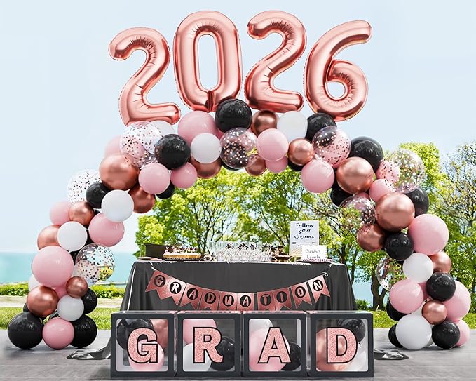 Graduation Party Decorations Class of 2026, 86PCS Pink Black Graduation Party Supplies High School College Grad Balloon Boxes with Letters, Foil Curtains, LED String Light, Balloon Garland Kit