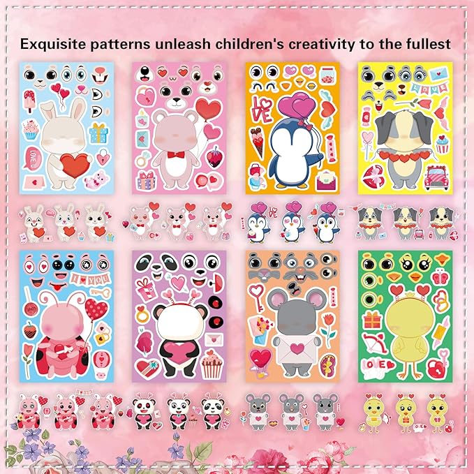 32 Sheets Valentine Stickers for Kids, Valentines Crafts Heart Love Sticker Make a Face Stickers, Make Your Own Animal Stickers Valentines Gifts for Kids Classroom Valentine Goodie Bags Party Favors