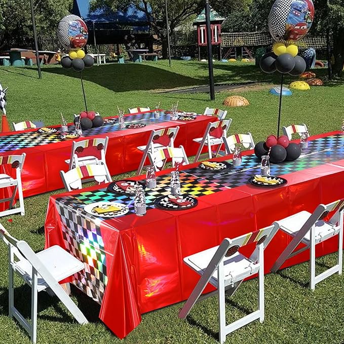 3Pack Iridescent Race Car Plastic Tablecloth, Disposable Shiny Laser Red and Black Checkered Table Cloth, Holographic Foil Rectangle Tablecloth for Race Car Boys Birthday Party Decorations, 54x108Inch