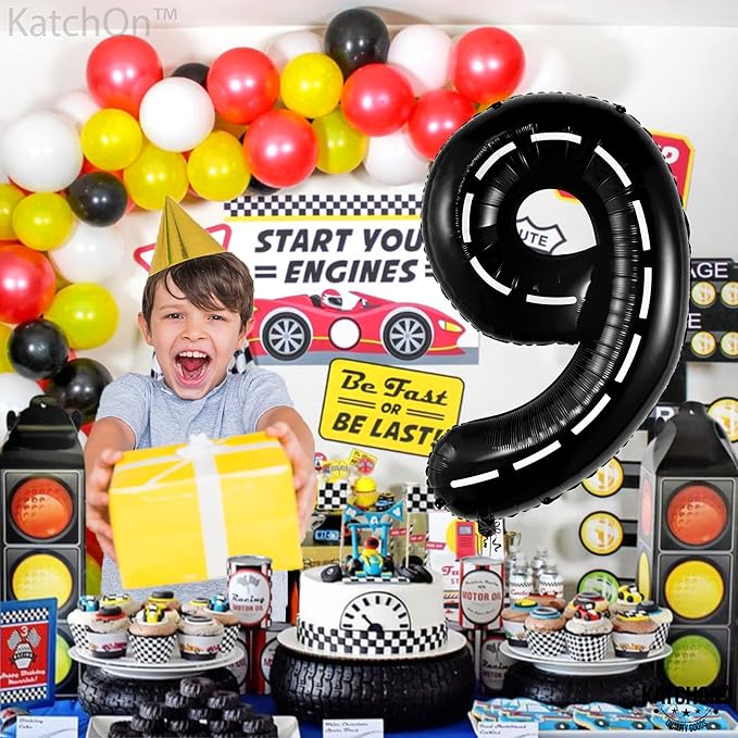 KatchOn, Giant Checkered Number 9 Balloon - 40 Inch | Foil 9 Birthday Balloon for 9th Birthday Decorations | 9th Anniversary Decoration | Race Car Party Decoration | Black Party Decor