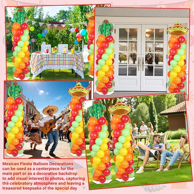 2 Sets Mexican Fiesta Balloon Column Stand Kit with 102 Balloons 5.57Ft Adjustable Balloon Tower Stand with Base Floor Cactus Sombrero Adjustable Arch Column for Mexican Fiesta Birthday Party Supply