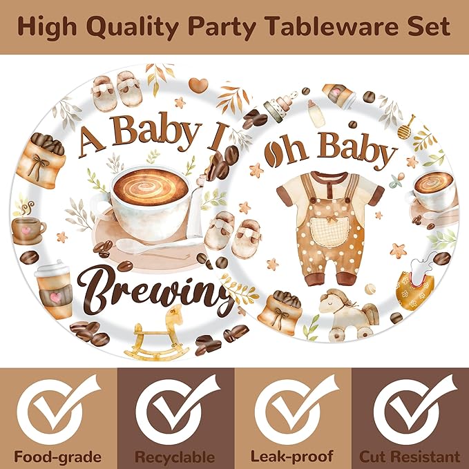 168PCS Coffee Baby Shower Party Supllies for Boys Girls A Baby Is Brewing Party Decorations Coffee Themed Tableware Plates Cups Napkins Cups Forks Knives and Straws Dinnerware for 24 Guests