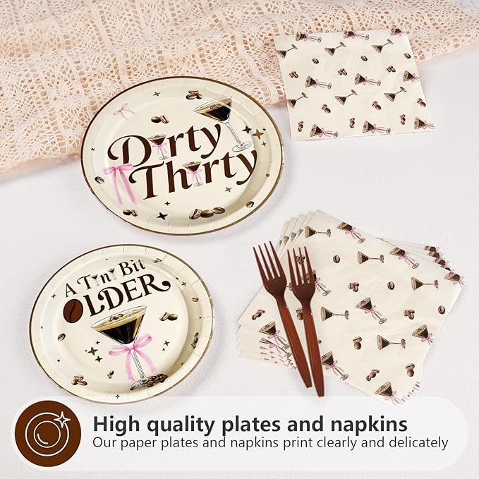 96Pcs Dirty 30th Birthday Decorations Espresso Martini 30th Plates and Napkins Disposable Thirtini Paper Tableware for Women 30 Year Old Martini Birthday Dirty Thirty Party Supplies, Serves 24