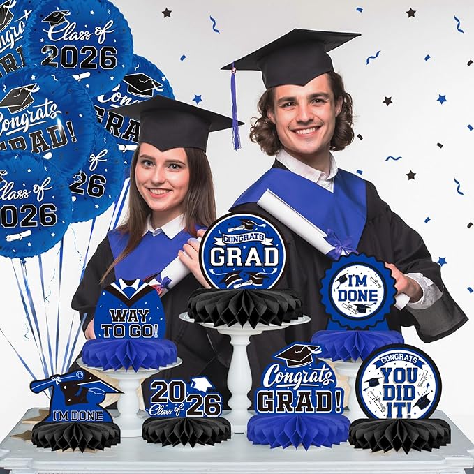 9PCS Graduation Party Decorations Class of 2026 Congrats Grad Table Centerpiece Congratulate Graduation Honeycomb Table Toppers for Graduation Party Supplies(Blue,Black）