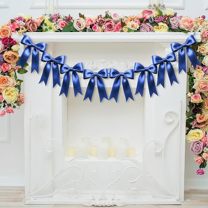 2 Strings of 16PCS Navy Blue Bow Garlands Banner Decoration,Pre-Strung Satin Ribbon Ornaments for Birthday,Bachelorette Party,Bridal Shower,Wedding,Engagement,Baby Shower,Graduation Decor,Anniversary