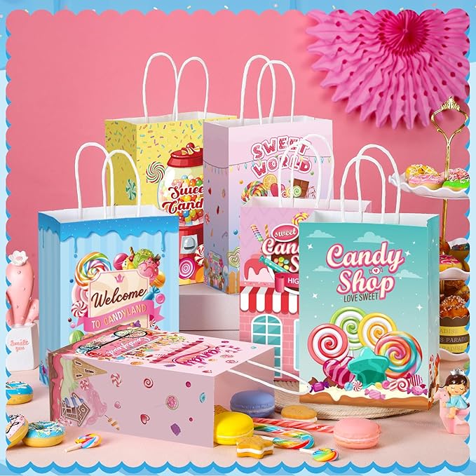 Sinload 48 Pcs Candy Sweet Goodie Bags with Handles Lollipop Gift Bags Candy Party Favors Sweet Shop Theme Treat Boxes for Classroom Prizes Supplies Birthday Wedding Baby Shower Party Decor
