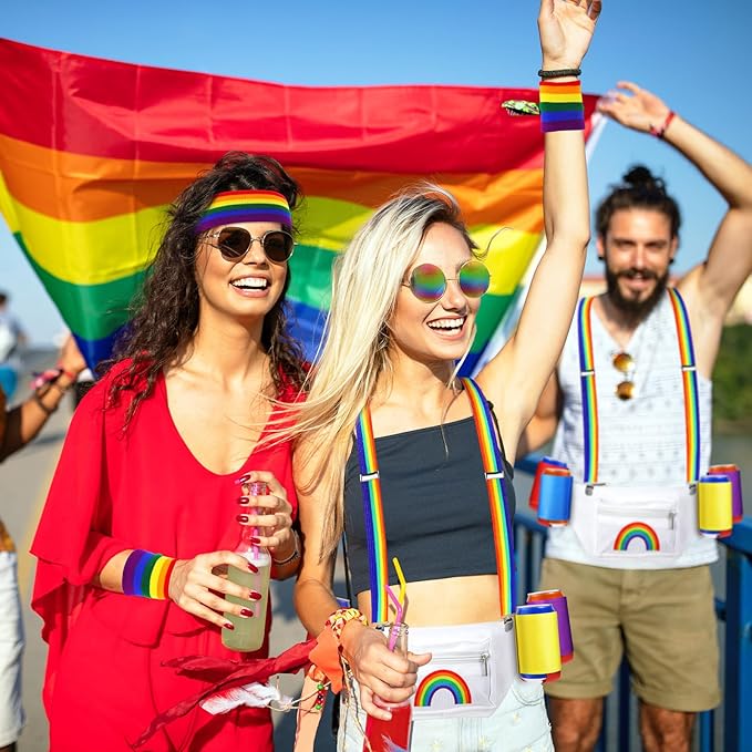 Sweetude Pride Accessories Gay Rainbow Fanny Pack White Outfit Beverage Beer Belt Costume Set with Drink Holder Sunglasses Striped Sweatband Women Men