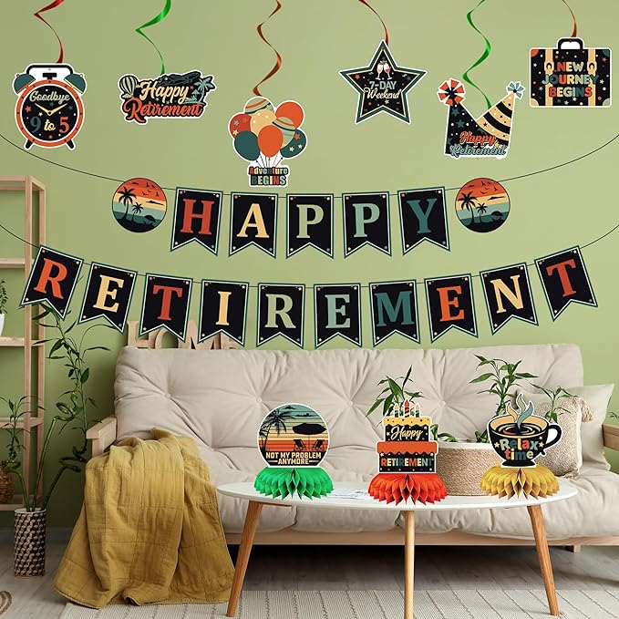 Vlipoeasn Retirement Decorations for Men Women, Colorful Vintage Retirement Party Set with Banner Honeycomb Centerpieces Hanging Swirls, Office Retired Farewell Decor