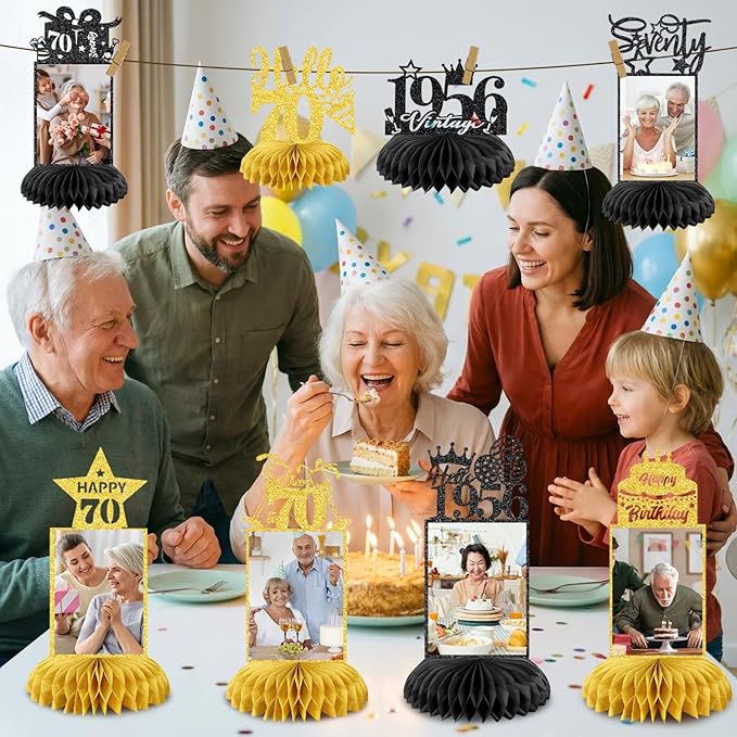8Pcs 70th Birthday Decoration for Men Women Happy 70th Birthday Honeycomb Centerpieces 70th Birthday Table Decorations Black and Gold Cheers to 70 Years Decor Birthday Party Favors