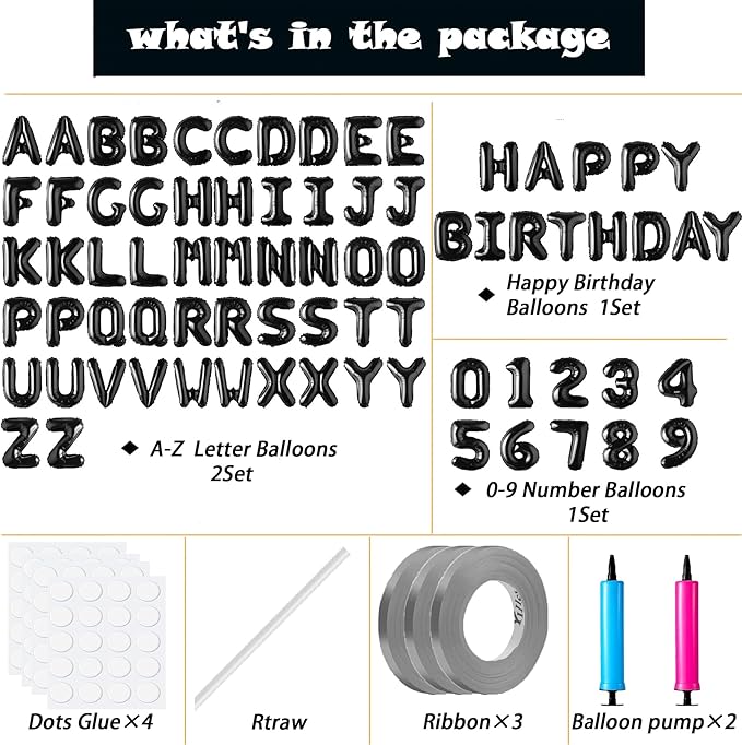 Happy Birthday Balloon Banner Custom Phrase Balloons letter 16 inch Personalized Alphabet Letters Foil Mylar Balloons (Black)