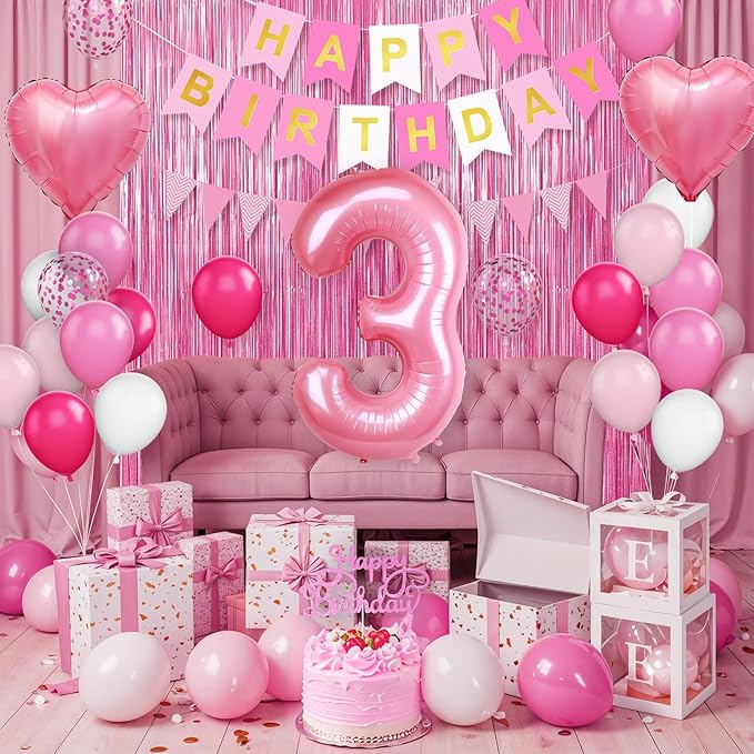 3rd Birthday Decorations for Girls: Hot Pink Balloons, Happy Birthday Banner, Fringe Curtain, Triangle Bunting, Cake Topper, Foil Heart Balloons, Glue, Ribbon