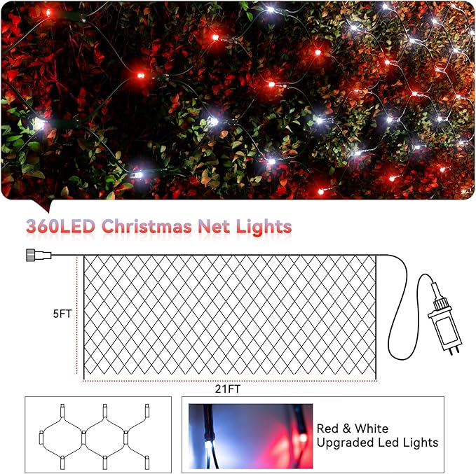 LitHome 21FT x 5FT Christmas Net Lights Outdoor, 360 LED Red White Bush Lights 8 Modes, Connectable Waterproof Valentines Net Mesh Light Dark Green Wire for Bushes Shrubs Holiday Valentine's Day Decor