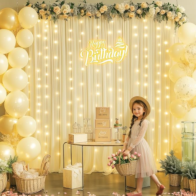 10x10FT Beige Wrinkle Free Backdrop Curtains with Lights String for Parties - Photo Curtain Backdrop with Lights for Wedding Decorations, Bridal Baby Shower Birthday Party Photography Background
