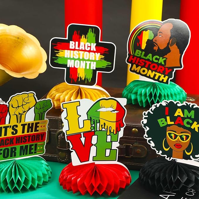 JULMELON 8PCS Black History Month Table Decorations, 3D Double Sided Black History Month Table Centerpieces, African American Black History Month Honeycomb Office Decor for Party
