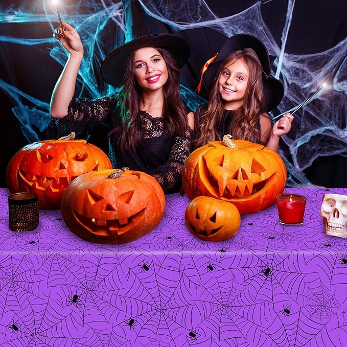 3Pcs Halloween Tablecloth - Spider Web Table Cloth, Plastic Disposable for Party Decorations 54" x 108" (Purple)