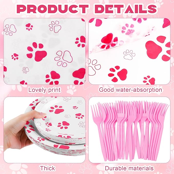 Kochorie 144 Pieces Pink Paw Print Party Tableware Sets Including Disposable Plates Napkins Cups Forks Serves 24 for Dog Puppy Theme Party Supplies