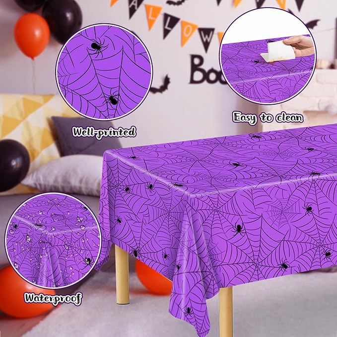 3Pcs Halloween Tablecloth - Spider Web Table Cloth, Plastic Disposable for Party Decorations 54" x 108" (Purple)