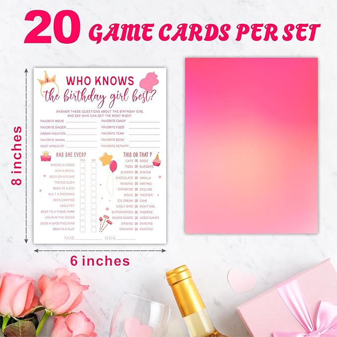 6"X8" Who Knows The Birthday Girl Best - Pink Theme Funny Double-Sided 3-in-1 Game Card Set for Girls Birthday Party, Sleepover Party Activities Party, Favor & Supplies (20 Pcs)- A01