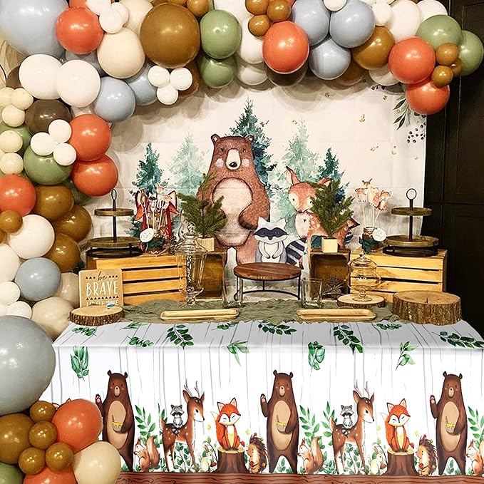 TREWAVE Woodland Animals Plastic Tablecloth Forest Wild Creatures Baby Shower Table Covers for Boy Girl Birthday Table Decoration Neutral Gender Reveal Decor Friendship Themed Party Supply 54" x 108"