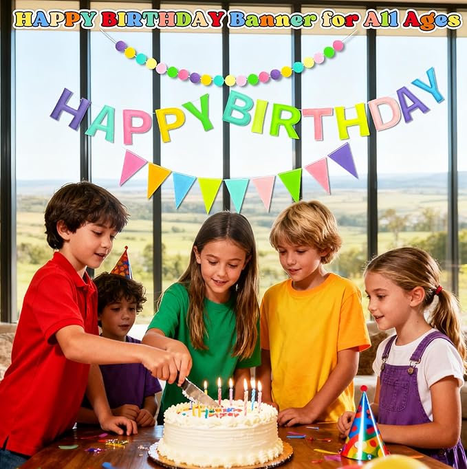 Happy Birthday Banner Decorations - Pre-Strung 3D Felt HAPPY BIRTHDAY Sign for Party Decor | Rainbow Reusable Happy Birthday Garland, Ball, Pennant Flag (2-Macaron)