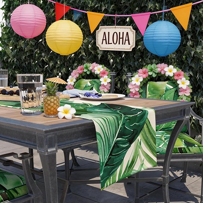Luau Party Decorations - Palm Leaves Table Runner | Hawaiian Theme Party Decorations for Summer - Tropical Beach Backdrop Decor Birthday Party Supplies Favors for Home Kitchen Dining