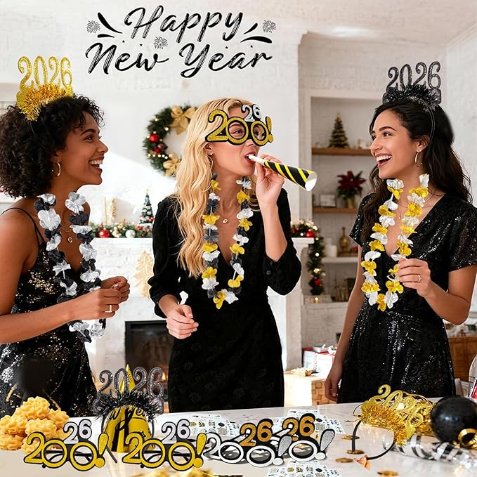 Atonofun New Years Eve Party Supplies 2026, 24 Pcs New Year Glasses Headband Tiara Leis 2026 New Year Party Eve Decorations for Kids Adults
