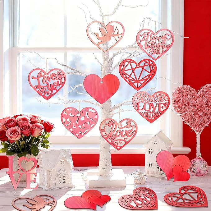36PCS Wooden Heart Ornaments to Paint Valentine's Day Craft,9 Styles DIY Blank Unfinished Wood Heart Cutouts Ornament for Crafts Spring Tree Hanging Decorations Love
