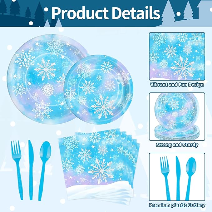 175 Pcs Snowflake Winter Wonderland Tableware Set - Serves 25, Snowflake-Themed Disposable Plates, Cups, Napkins, Forks, Spoons, Knives for Christmas, Winter Party Supplies, Holiday Gatherings