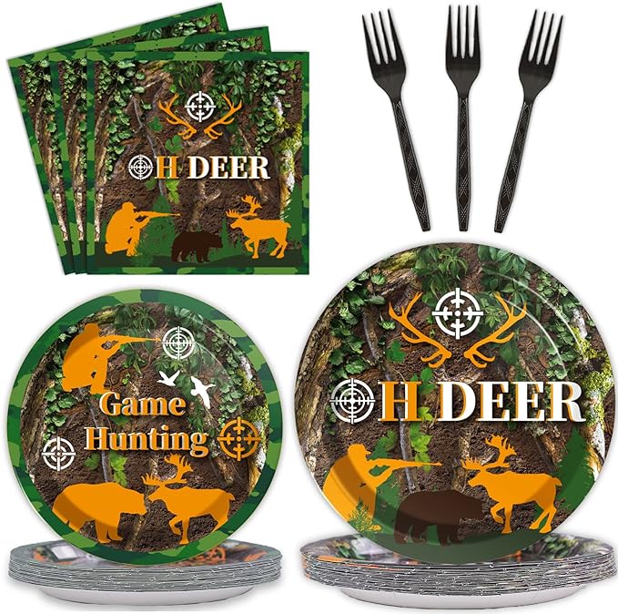 chiazllta 96 Pcs Hunting Camo Party Paper Plates and Napkins Supplies Deer Hunting Party disposable Plates Tableware Hunting decorations for Kids Party Favors 24 Guests