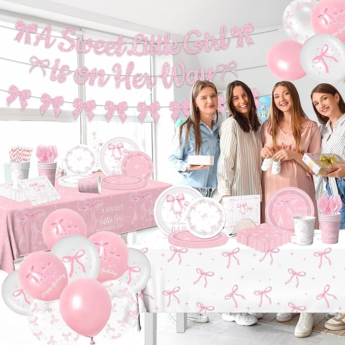 Pink Bow Baby Shower Decorations for Girl - Bow Party Tableware Include Plates,Napkins,Banner A Sweet Little Girl is on Her Way Decorations for Welcome Baby Girl,Bow Coquette Birthday Party Serve 25