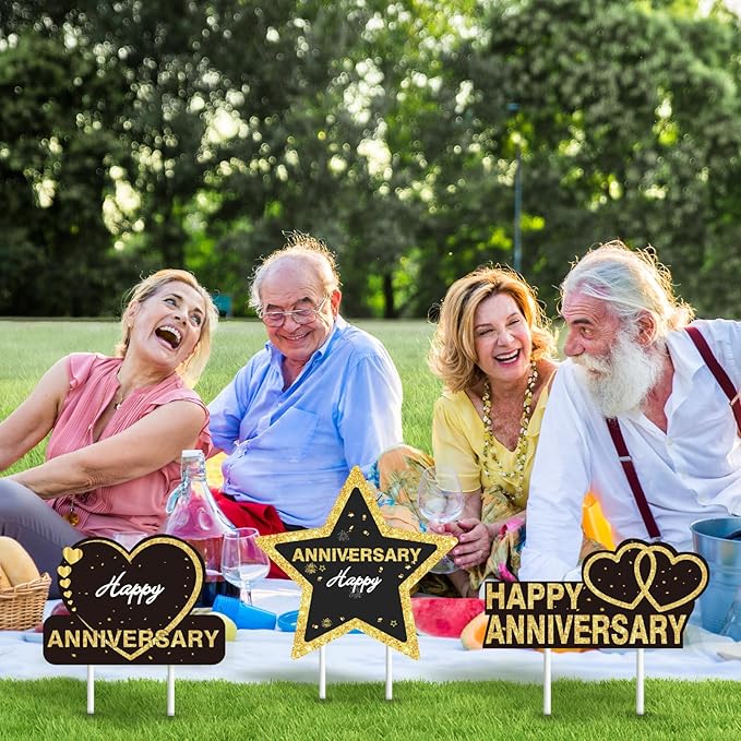 6pcs Happy Anniversary Wedding Yard Sign Decorations Outdoor, Gold Black Lawn Yard Sign with Stakes and for Married Men Women Wedding Birthday Decor Outdoor Party Supplies