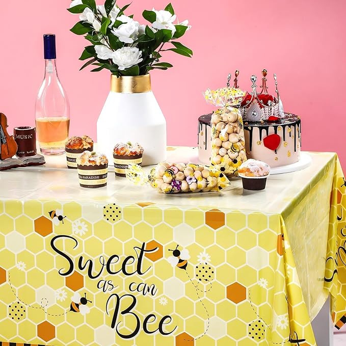 Tatuo 6 Packs Bee Plastic Tablecloths - 54 x 108 Inches Sweet as Can Bee Decorative Table Cover Honey Party Tablecloth Set for Birthday Baby Shower Gender Reveal Party Decorations