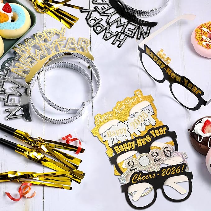 108 Pcs New Years Eve Party Supplies 2026 Fancy New Year Glasses Gold Noise Maker Headband NewYear Celebration Black Silver and Gold Party Favor for Happy NewYear Gift Accessories Decoration