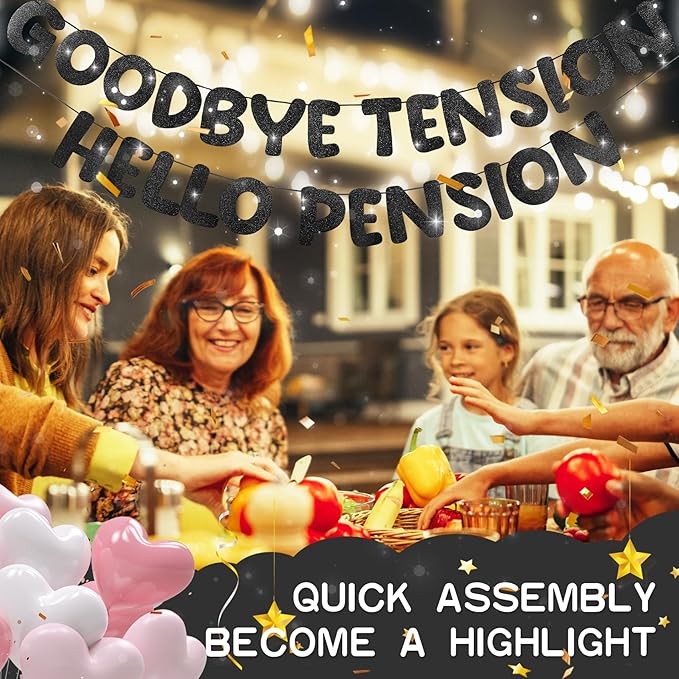 Retirement Banner Pre-Strung GOODBYE TENSION HELLO PENSION Banner Glitter Retirement Party Supplies Decorations for Women Men Office Home Decor (Black)