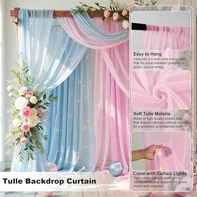 Pink Blue Sheer Backdrop Curtains with Lights String for Baby Shower Decor 10×8FT Backdrop Curtain for Parties Boy or Girl Birthday Party Wedding Gender Reveal Baby Shower Decoration (2 Panels 4×10ft)