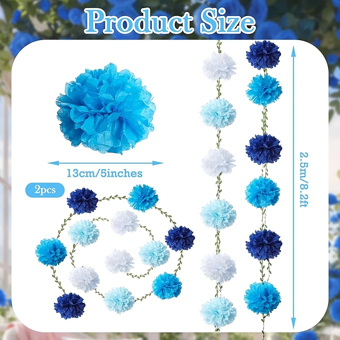 XIANNVXI Blue Tissue Paper Pom Pom Garlands Artificial Flowers Hanging Decorations 8.2ft Hanging Flowers Garland for Birthday Bridal Shower Party Spring Decorations 2PCS（Blue Gradient）