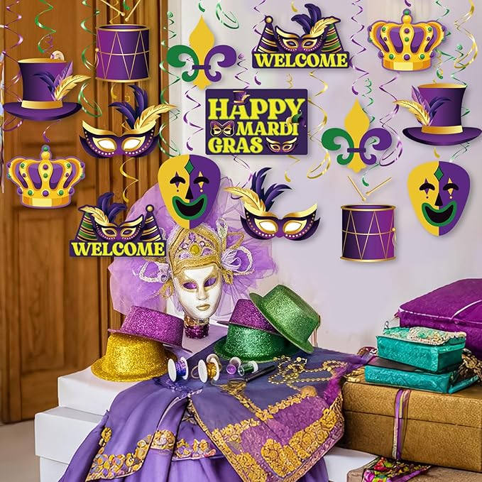 Mardi Gras Hanging Swirls, 45Pcs Happy Mardi Gras Ceiling Streamers Swirl Hanging Crown Mask Decorations for Masquerade New Orleans Party Suppies