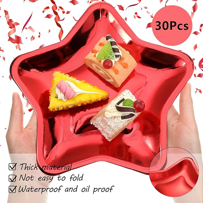 Patelai 30 Pieces Thick Star Shaped Paper Plates Disposable Party Plate Pentagram Dinnerware Decorations for Graduation Independence Day Wedding Birthday Baby Shower, 9.45 Inch(Red)